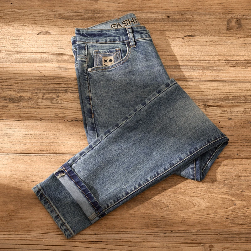 Calça jeans pesada e angustiada masculina, calças justas lavadas, calça lápis, casual, versátil, bordada, nostálgica, longa, retrô, na moda