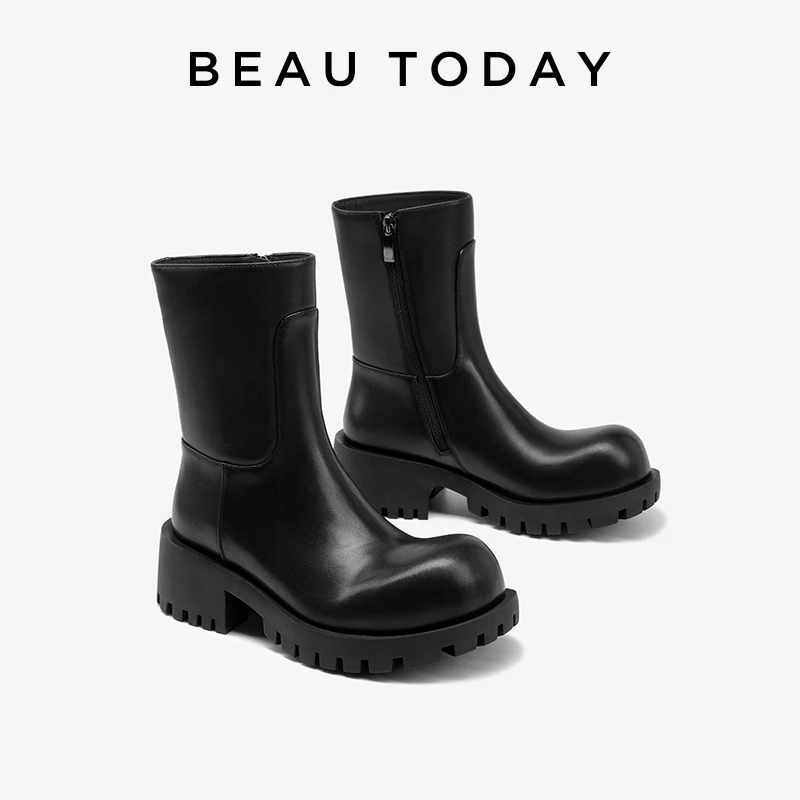 BEAUTODAY Classic Ankle Boots Women Cow Leather Big Round Toe Zipper Chunky Sole Polished Working Boots Female Handmade 03A87