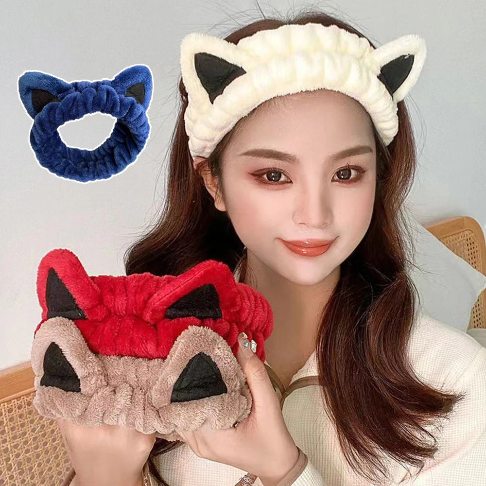 Cat Ears Plush Headband Coral Fleece Elastic Hair Band Women Shampoo Makeup Hair Band Cartoon Headwear Non-Slip Turban Head Wrap