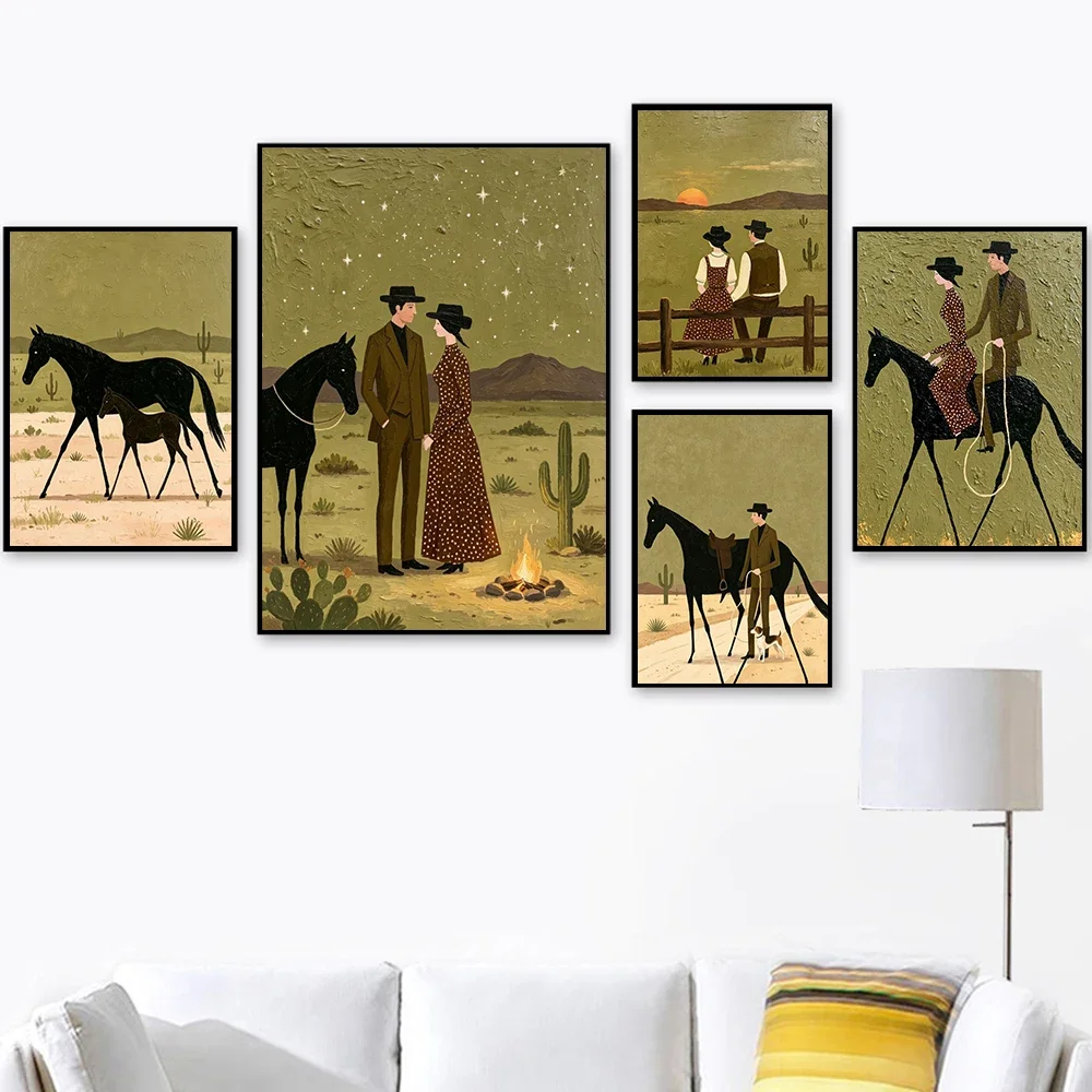 Canvas Painting Cuadro De Pared De Lona Con Motivos De Vaquero Y Vaquera De Estilo Vintage, Pintura Folclórica Antigua, Estam