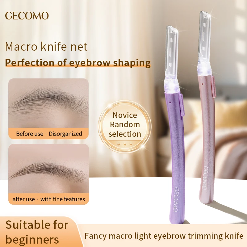 GECOMO LED Eyebrow Razor Stainless Steel Facial Hair Trimmer with Light Precision Brow Shaper Dermaplaning Beauty Tool for Women