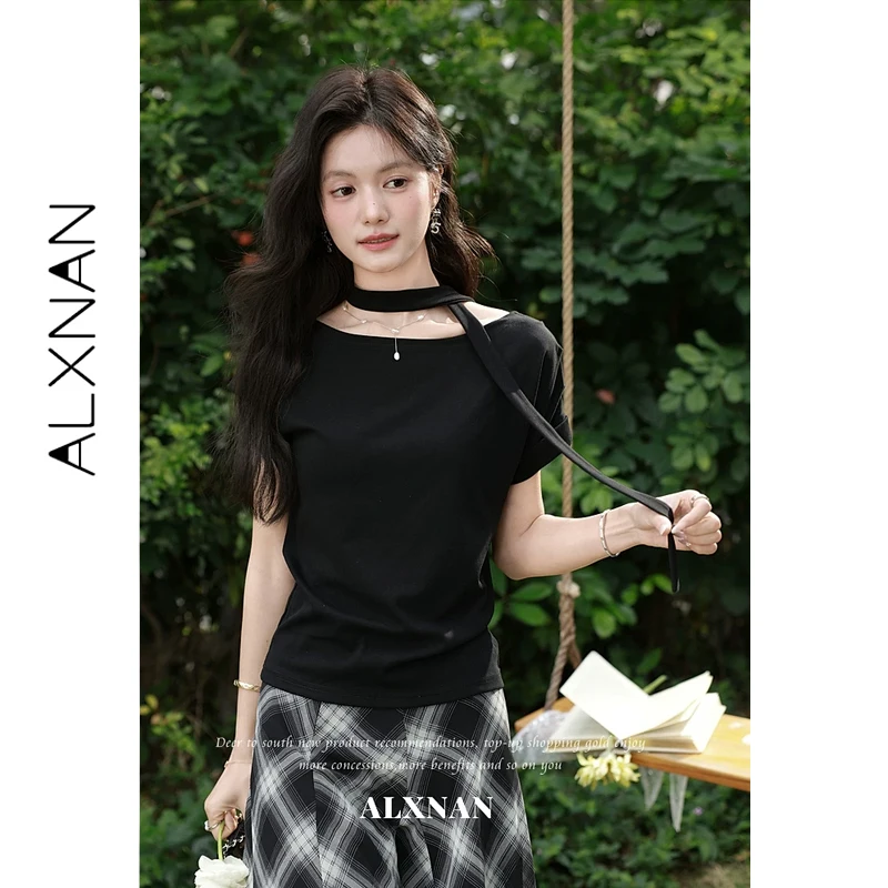 

ALXNAN Black T-shirt Off-shoulder Slim-fit Casual Elegant Short Sleeve Tees Women Summer 2026 Fashion Basic Female Tops L63503