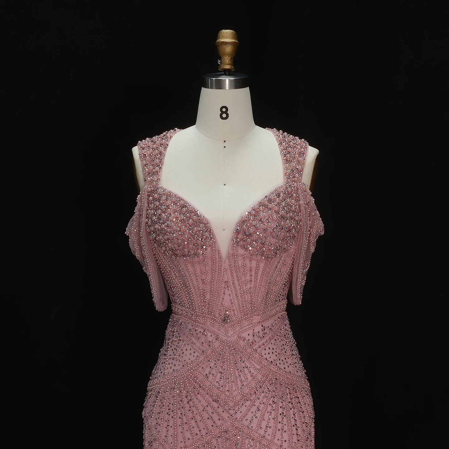 Sharon Said Luxuriöses Abendkleid mit rosa Perlen und Perlenstickerei, drapiertem Träger, V-Ausschnitt, Meerjungfrauen-Schnitt, für formelle Anlässe und Partys, SS193, maßgeschneidert – Detail 4