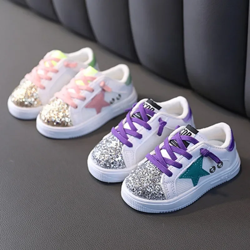 Sepatu sneaker anak perempuan, sepatu olahraga anak-anak, sepatu sneaker payet, sol lembut, sneaker Bling mode baru, sepatu anak muda, 2024