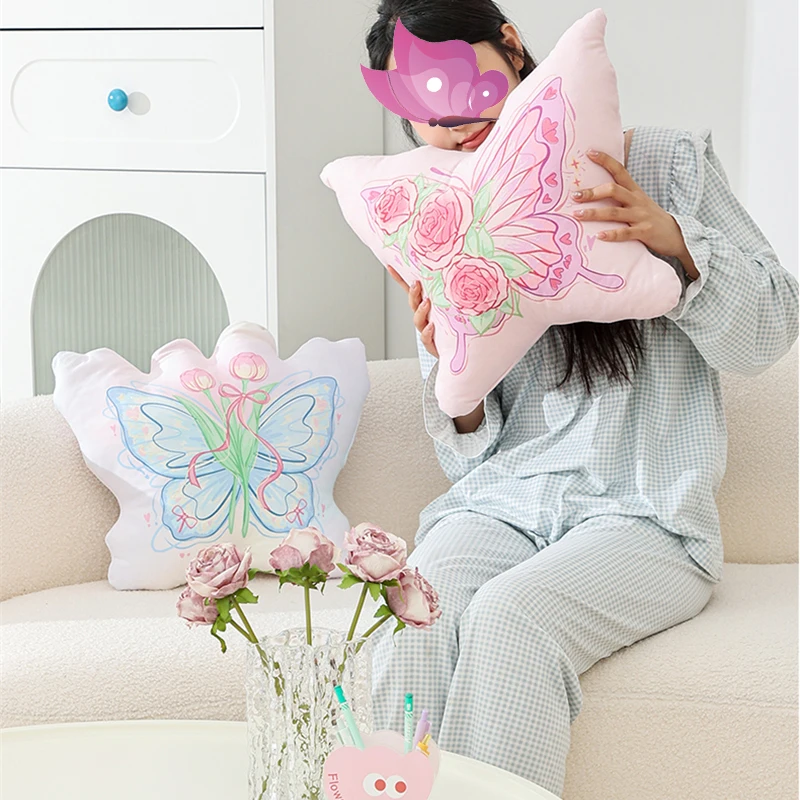 Butterfly Pillow Bed Decorative Pillow with Core Girl's Bedroom Head Cushion Sofa Doll Vintage Hand-painted Rose Car Cushion