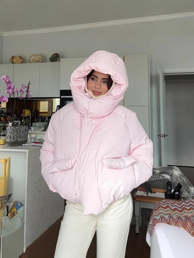 

Casual Hooded Padded Jacket Women's Loose Full Sleeves Zipper Pockets Stand Collar Coats New Autumn Winter Ladies Outwear