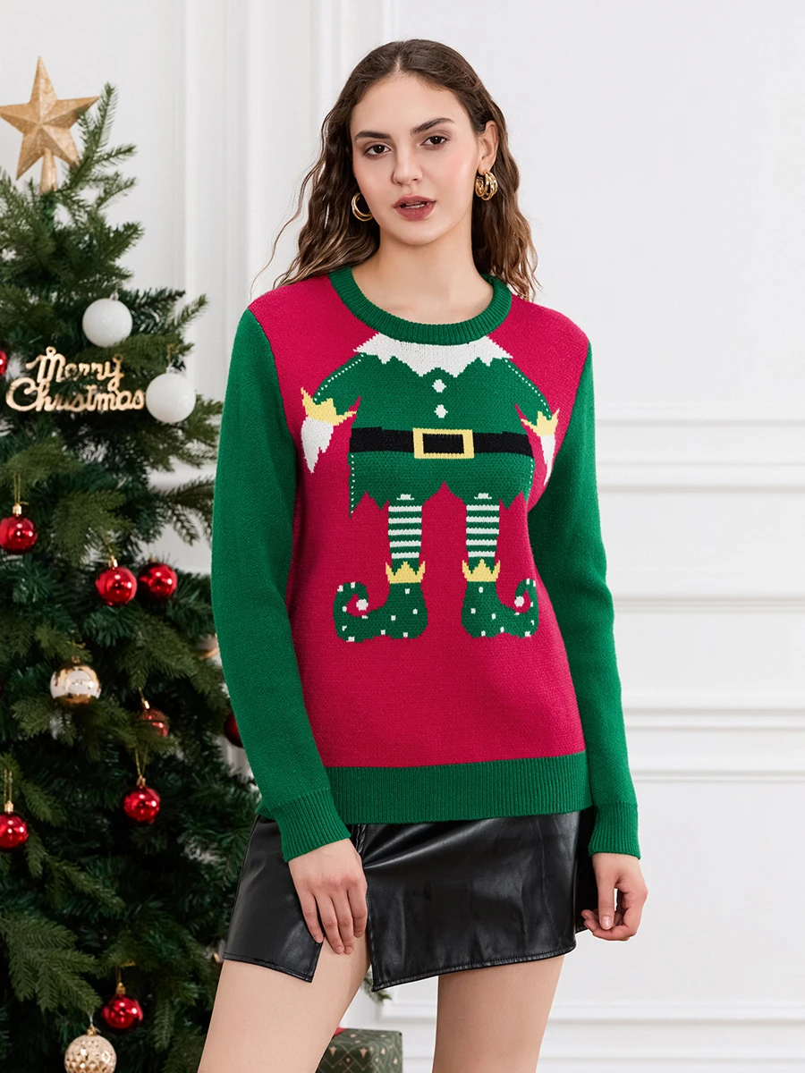 Women Cute Christmas Sweaters Casual Trendy Elf Legs Print Crew Neck Warm Pullover Basic Knitwear for Fall Streetwear