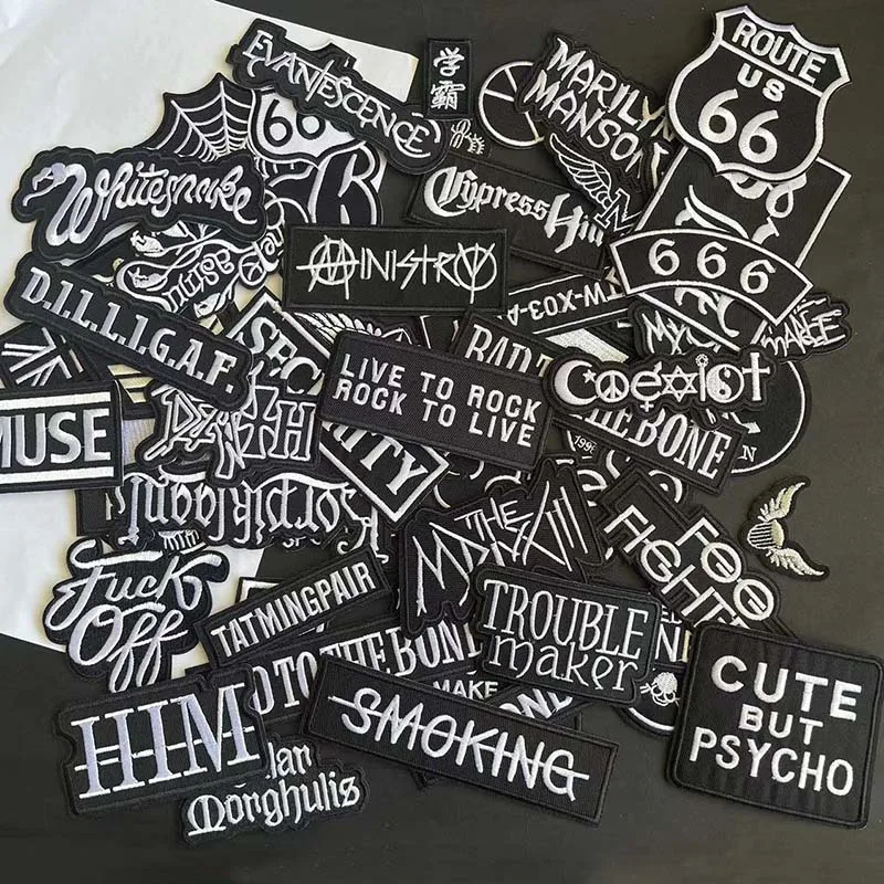 Rock Punk Band Music Badge Patches,Black White Fusible Embroidered Letters Applique Iron On Patch For Backpack,Clothing