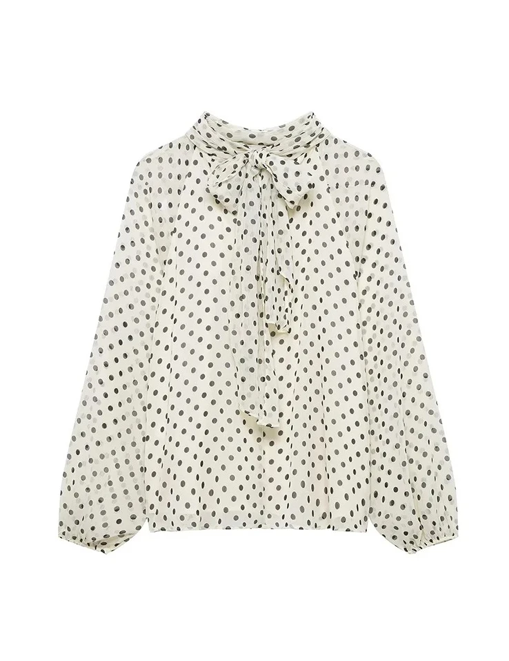 

New Women Spring Fashion Elegant Long Sleeve Commuting Shirts Bow Collar Blouse Vintage Polka Dot Printed Loose Tops