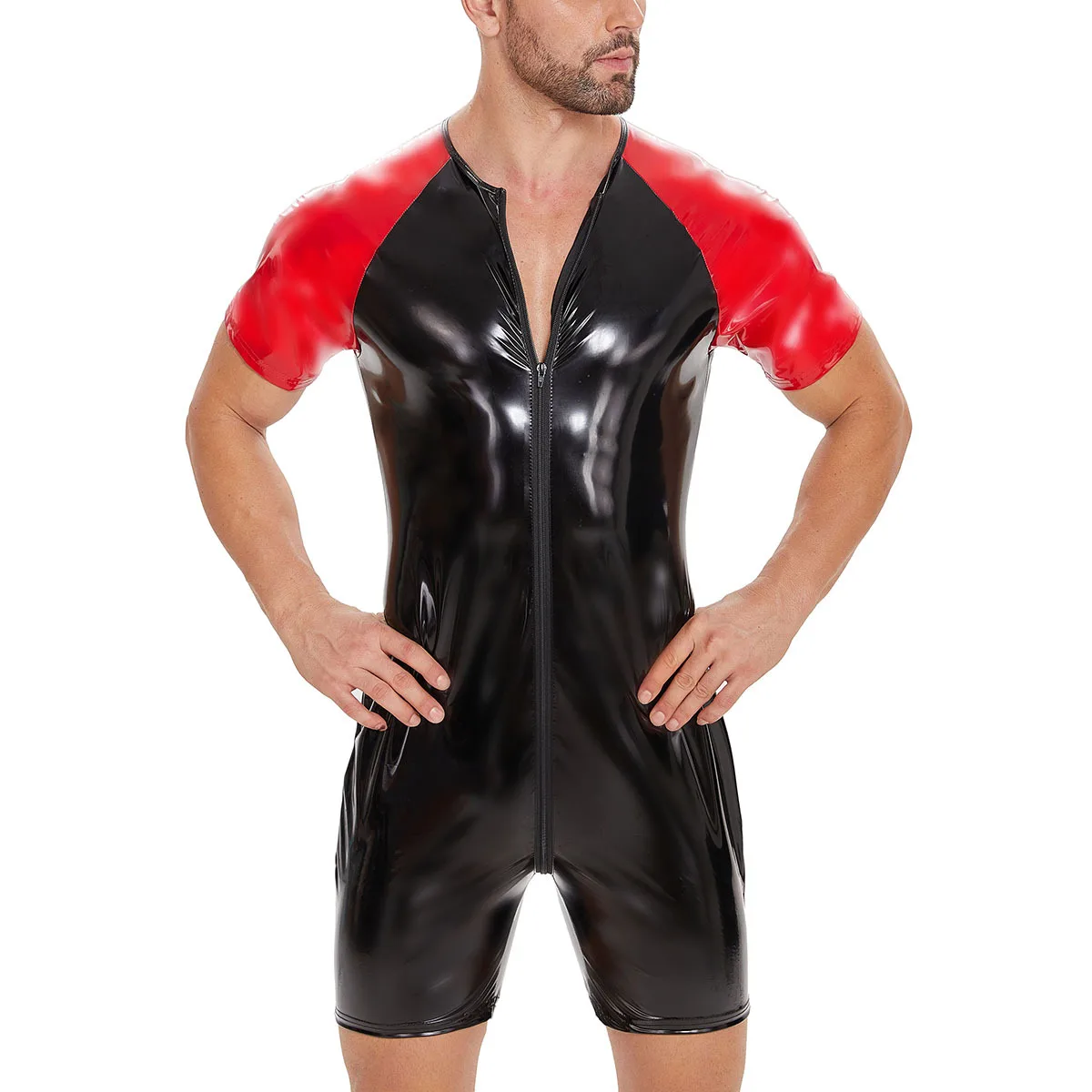

Men's Short Sleeve Shiny Latex Catsuit Zipper Open Crotch Rompers Jumpsuits Nightclub Wetlook PVC Leather Bodysuits Slim Leotard