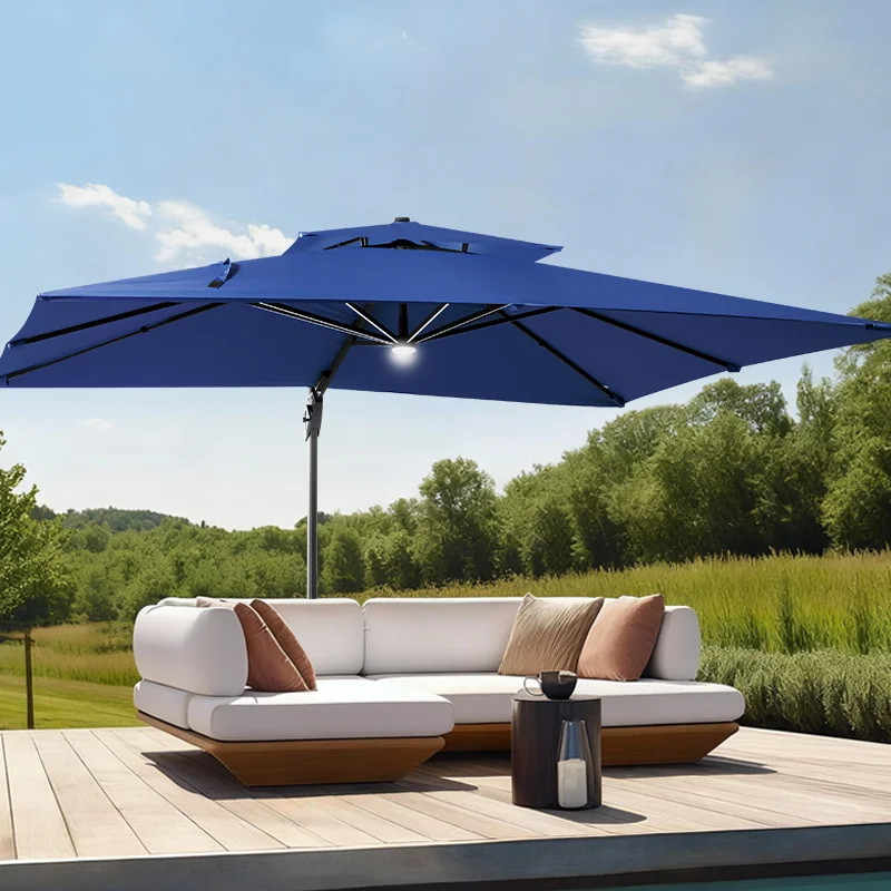 HANYI 9*12FT Rectangle Offset Market Umbrella Led Light Outdoor Terrace Patio Cantilever Umbrella With Base