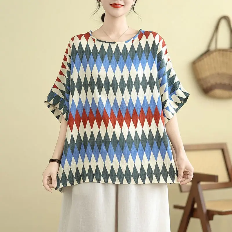 

Cotton and Linen Large Size Women's Summer New Style Loose Slimming Retro Color Contrast Short Sleeved T-shirt with Print Top