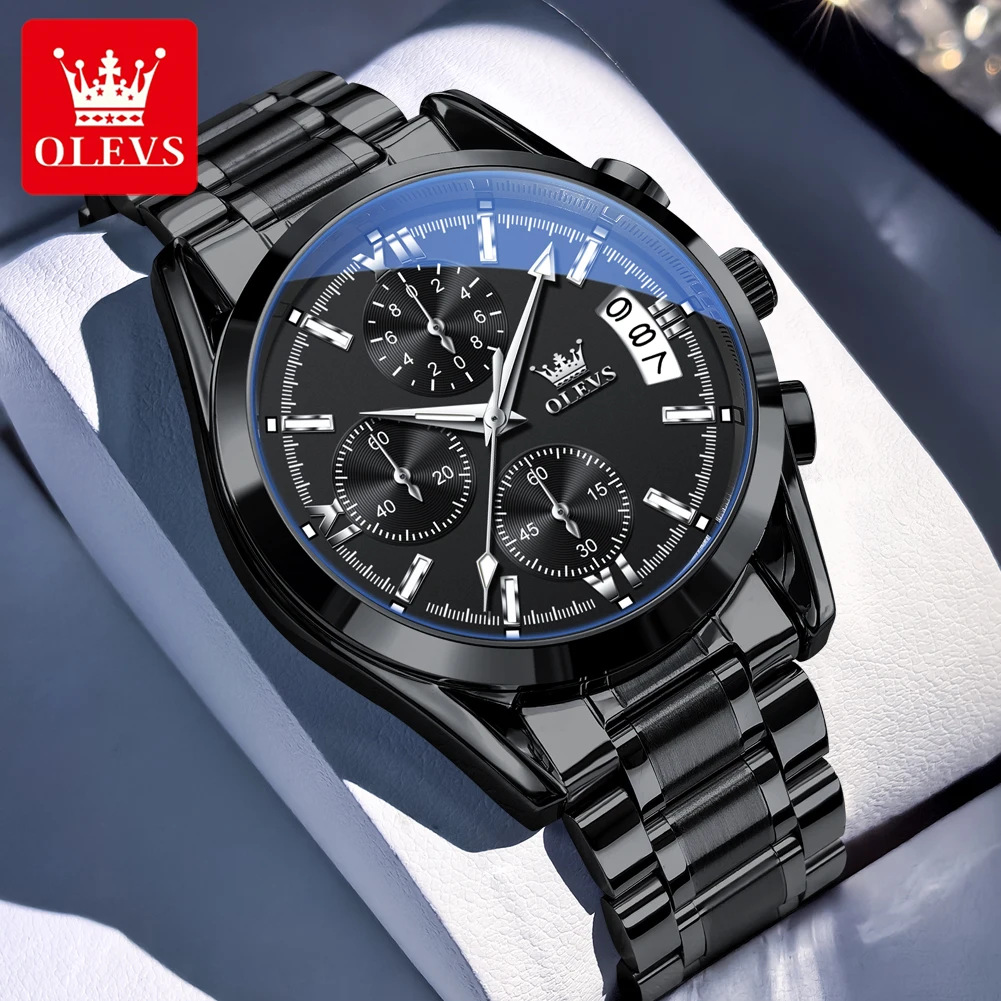 ساعات OLEVS للرجال عصرية بحزام من الفولاذ المقاوم للصدأ وحزام كوارتز أصلي للرجال مقاومة للماء وكرونوغراف للتاريخ المضيء