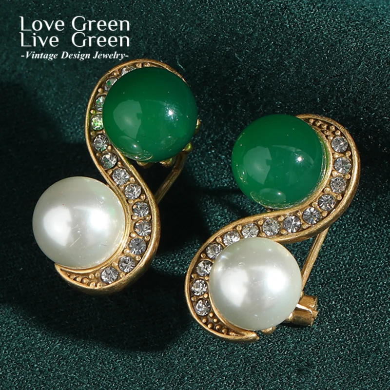 

Vintage Pearl Green Agate Earrings Stud Woman Retro Antique Gold Color Elegant Luxury Quality Jewelry Daily Designer Gift New