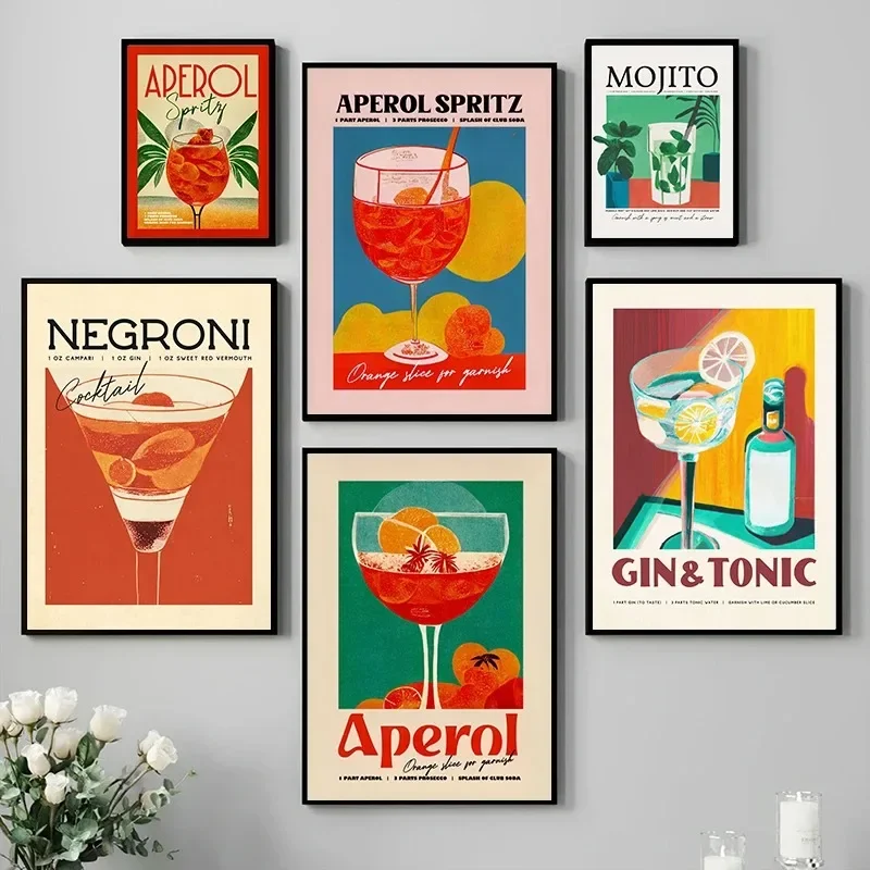 Pósteres de dibujos animados de zumo de fruta, Mojito, Aperol, Spritz, bebida Sangria Negroni, pintura en lienzo, Club, Bar, tienda, decoración del hogar