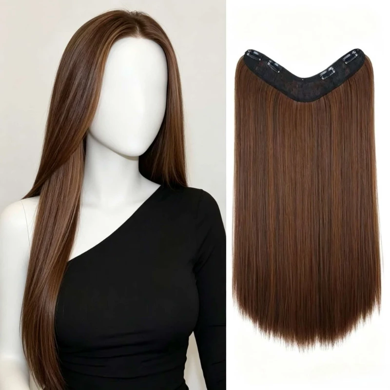 24-inch synthetic 4-clip V-shaped long straight hair extension integrated wigs, suitable for women's daily use