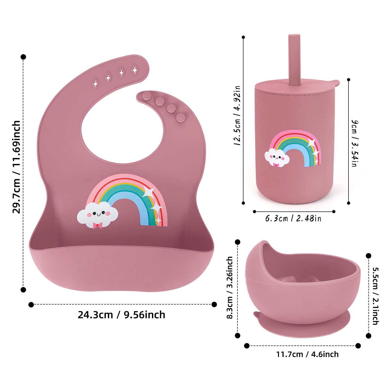 Ensemble d'alimentation en Silicone imprimé pour bébé, complément alimentaire, vaisselle et bols avec ventouses, bavoir de poche, gobelet couvert, 3 pièces