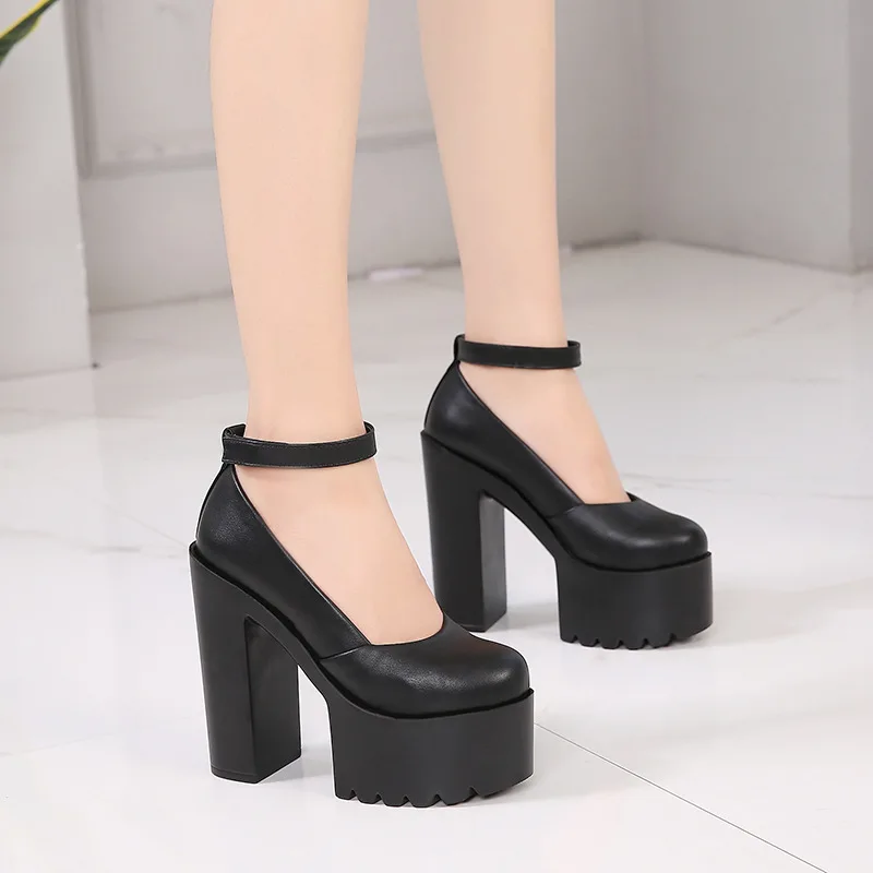 

14 Cm High Heel Platform Black White Sexy Pumps Women Thick Heel Round Toe Shoes