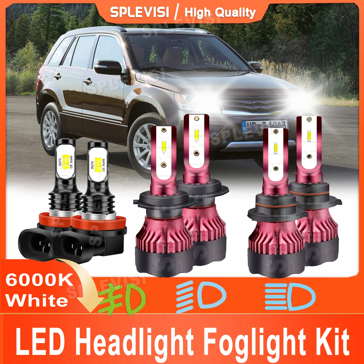 

LED Headlight Bulbs High Low Beam Foglight Kit 9005 H7 H11 Fit For Suzuki Grand Vitara 2006 2007 2008 2009 2010 2011 2012 2013