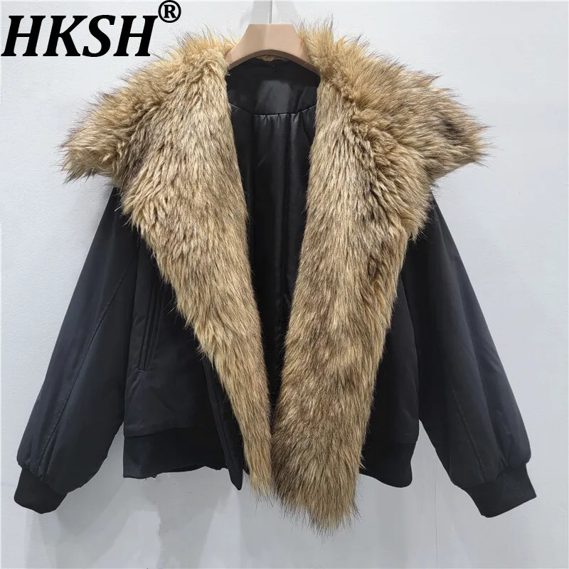 HKSH 2025 Winter New Women's Wadded Jacket Faux Fur Turn-down Collar Patchwork Color Block Luxury Trend Warm Padded Coat HK14624