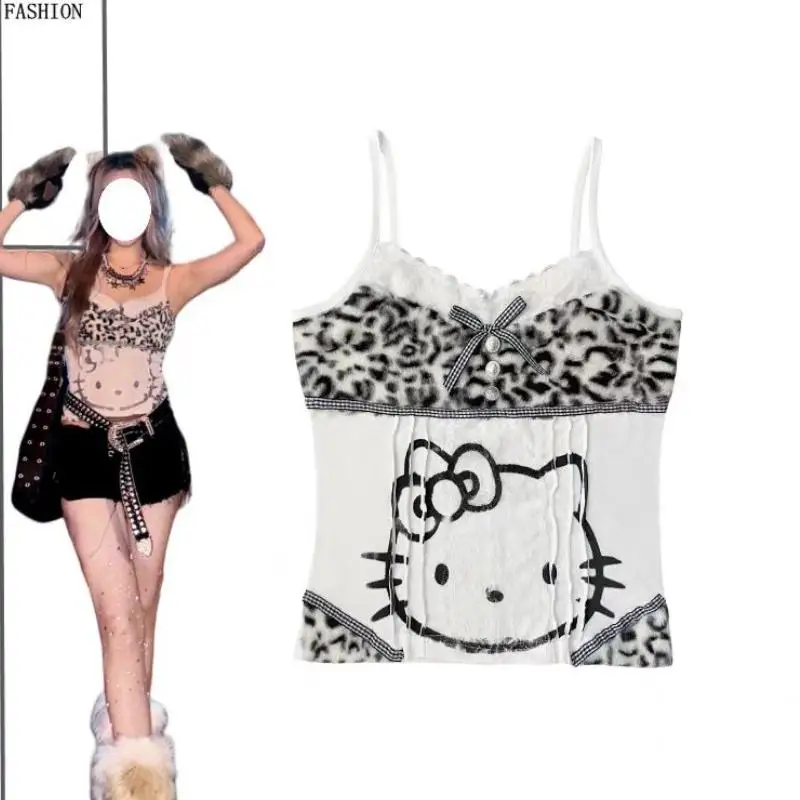 سانريو مرحبا كيتي المرأة خمر Y2K الرسن تانك القمم مثير الشارع الشهير ثقافة فرعية ليوبارد المرقعة Kawaii سترة المرأة الدانتيل #6
