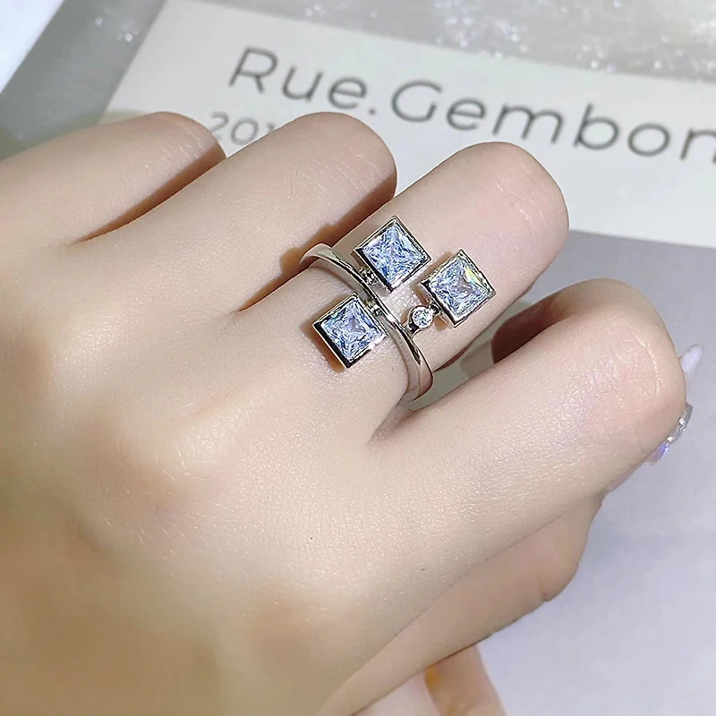 925 Silver Original Exclusive Ladies Square Zircon Ring Hip Hop Geometric Stereo Ring Reception Anniversary Jewelry Gift