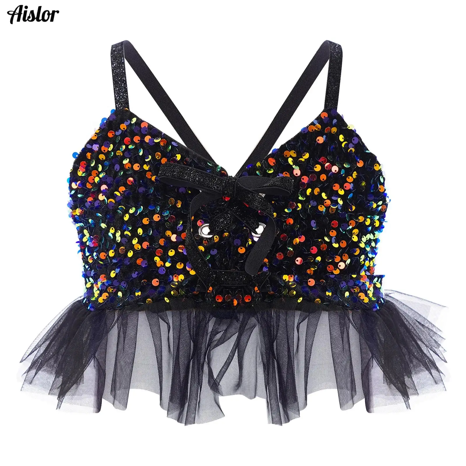

Kids Girls Jazz Latin Dance Top Sparkling Sequins Velvet Crop Top Spaghetti Straps Tulle Ruffles Camisole Performance Costume