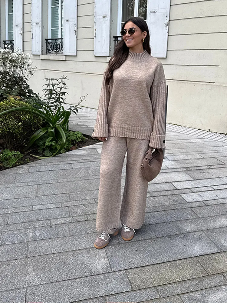 Solid Color Full Sleeved Knit Women\'s Sweater Set Casual Loose O-neck Top Long Wide Leg Pants Suits Autumn Warm Daily Streetwear