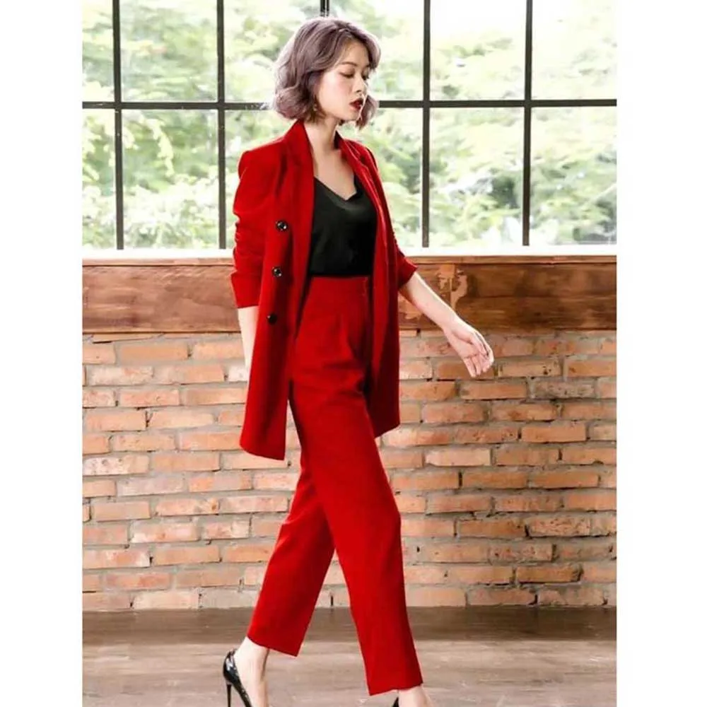 Moda chique vermelho ternos femininos notch lapela 2 peças jaqueta calças roupas femininas senhora inteligente escritório banquete blazers conjuntos