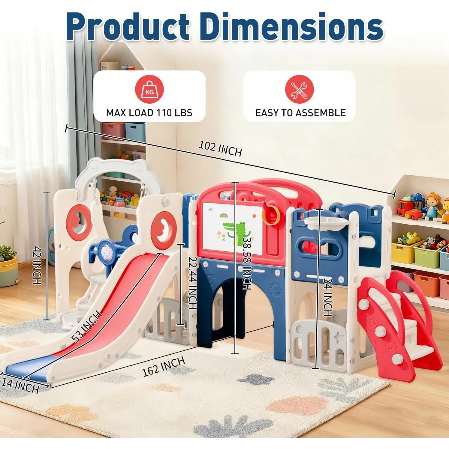 مجموعة لعب متسلق خارجي للأطفال الصغار مع كرة سلة للأعمار من 1 إلى 3 سنوات مجموعة منزلق وأرجوحة 12 في 1 منزلق داخلي لملعب D