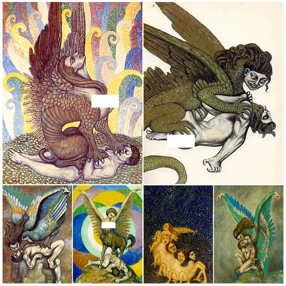 Esfinge, Pegaso, Basilisco, cuadro sobre lienzo para pared Vintage, póster artístico de fantasía de criaturas míticas e impresión para decoración del hogar sin marco