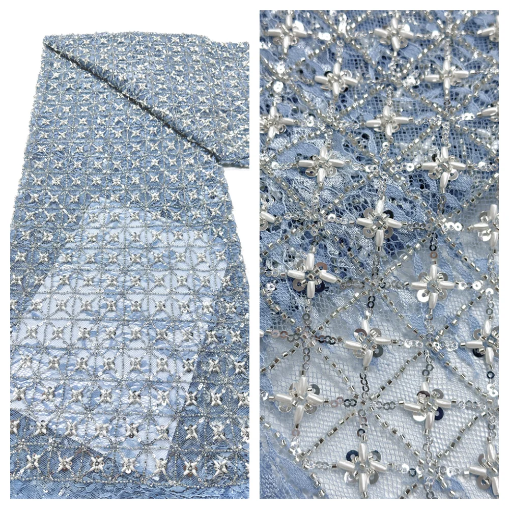 

2026 High Quality 5 Yards African Sequins Pearls Lace Fabric French Heavy 3d Beaded Lace Fabric Nigeria For Bridal Party Dress