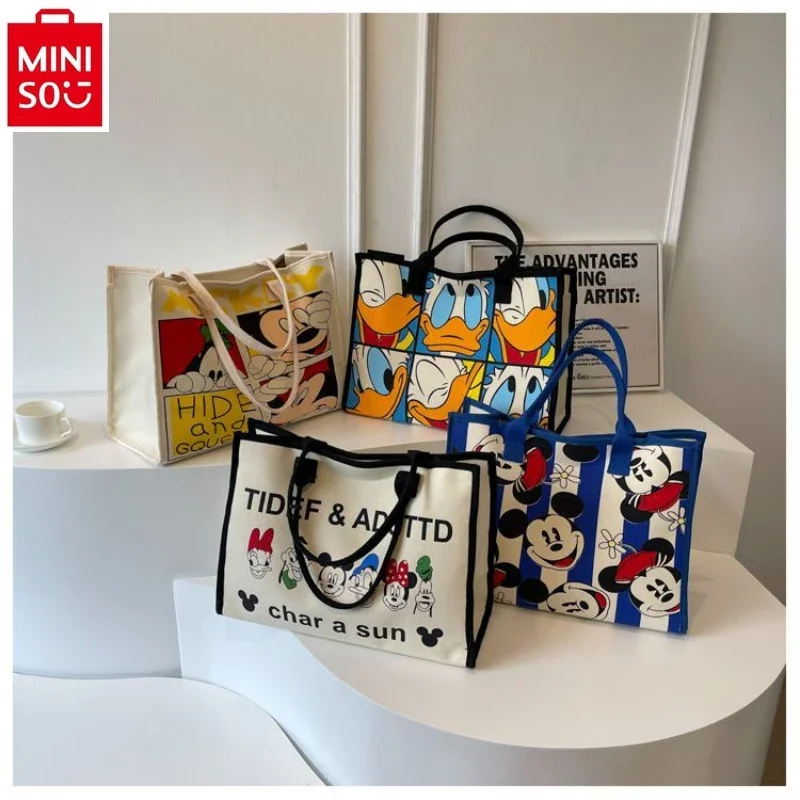 MINISO Disney Cartoon Mickey Student High Quality Canvas Tote Bag Portable Casual Versatile Student Shoulder Handbag