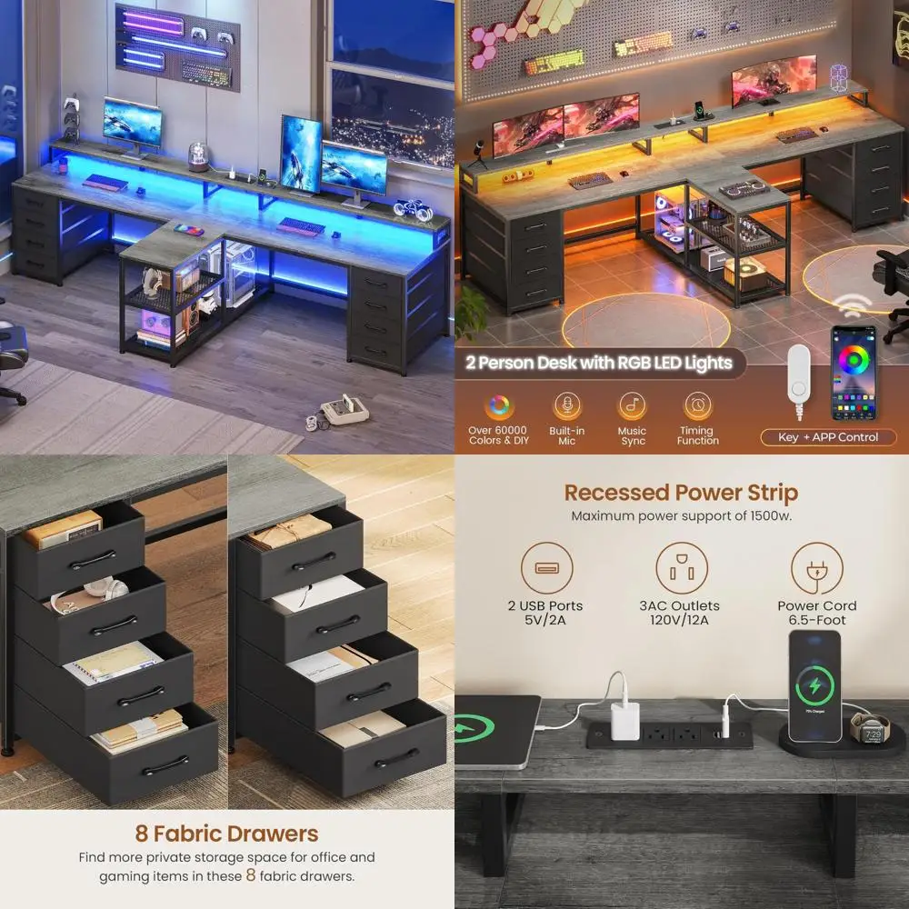 "مكتب ألعاب مزدوج الاستخدام مع 8 أدراج وإضاءة LED وتخزين وشريط طاقة" #1