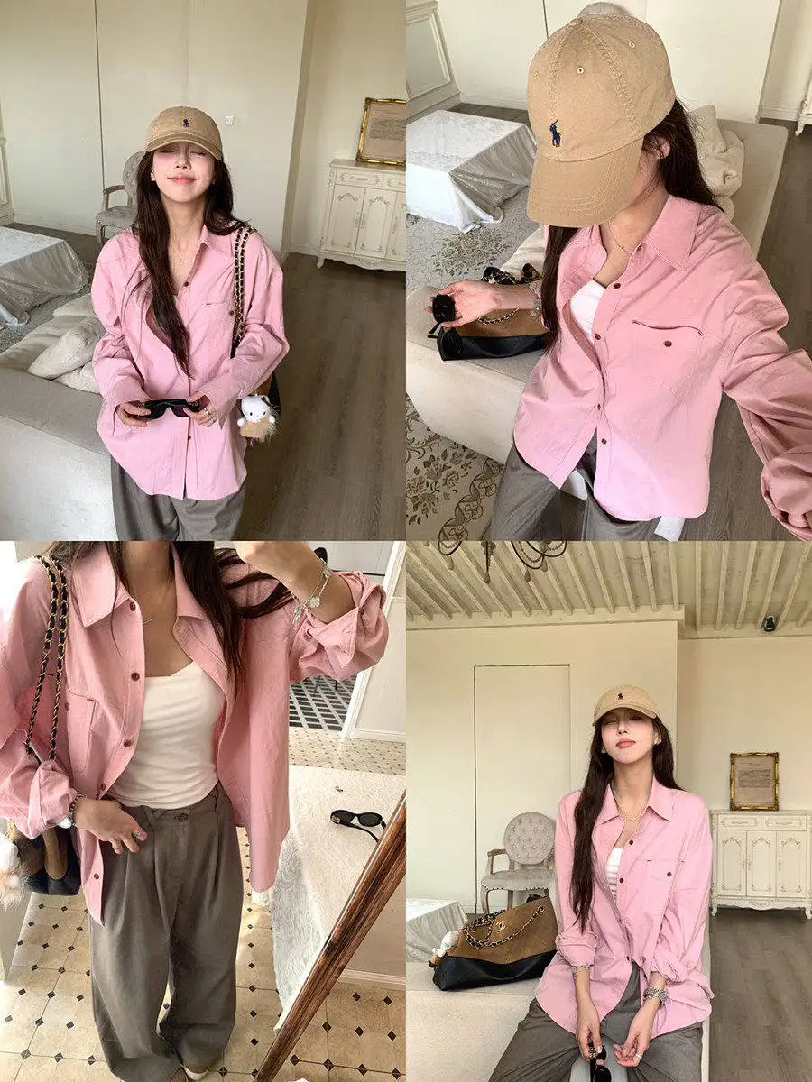 

Linyunyun женский свободный крой, длинный све, повседневный розовый топ на пуговицах, смесь хлопка и полиэстера, осенняя мода