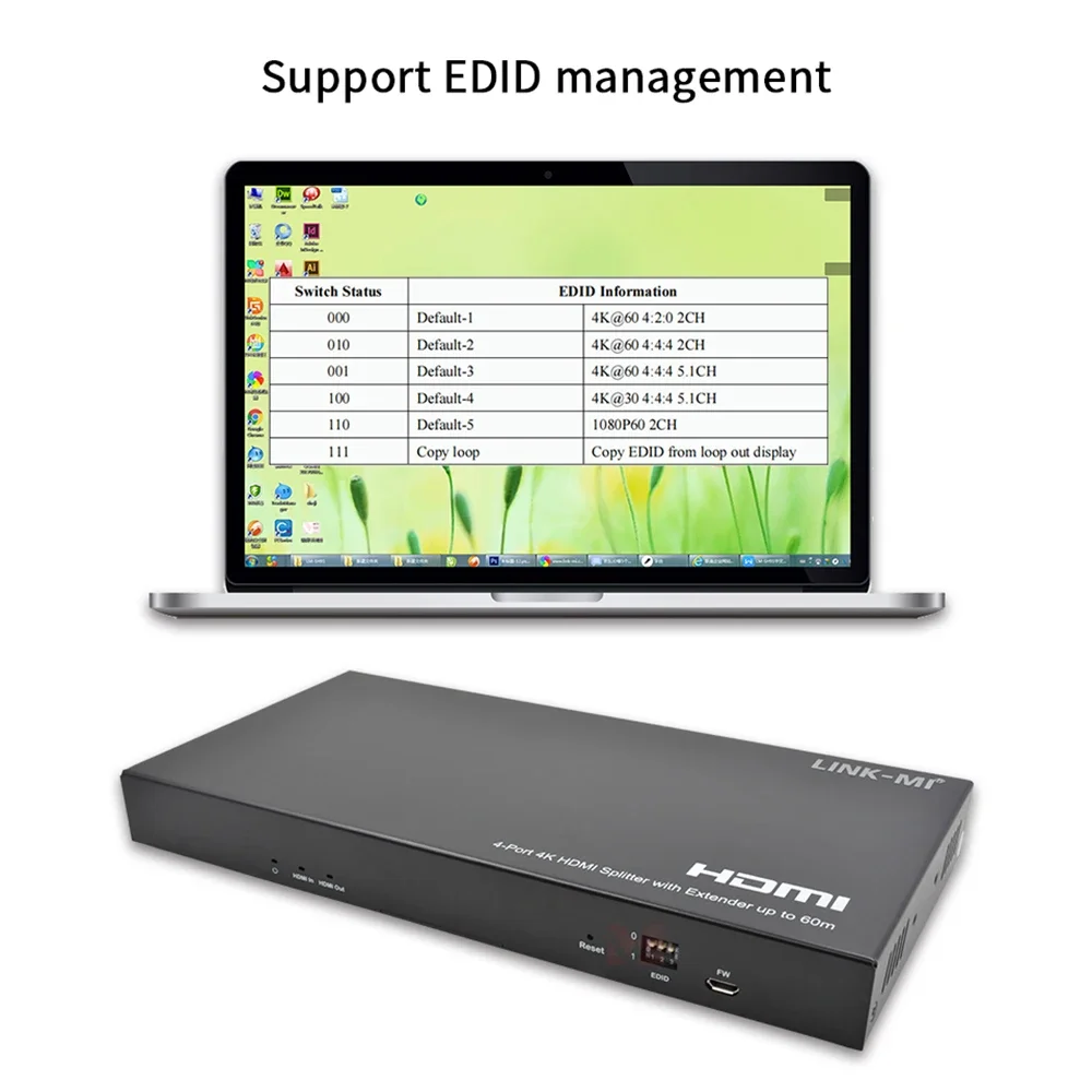 

NEW 4K 60Hz 1x4 HDMI Splitter Extender 60m Transmission Over Cat5e/6 Cable (RJ45), Bi-Directional Wide-Band IR & HDMI Loop Out