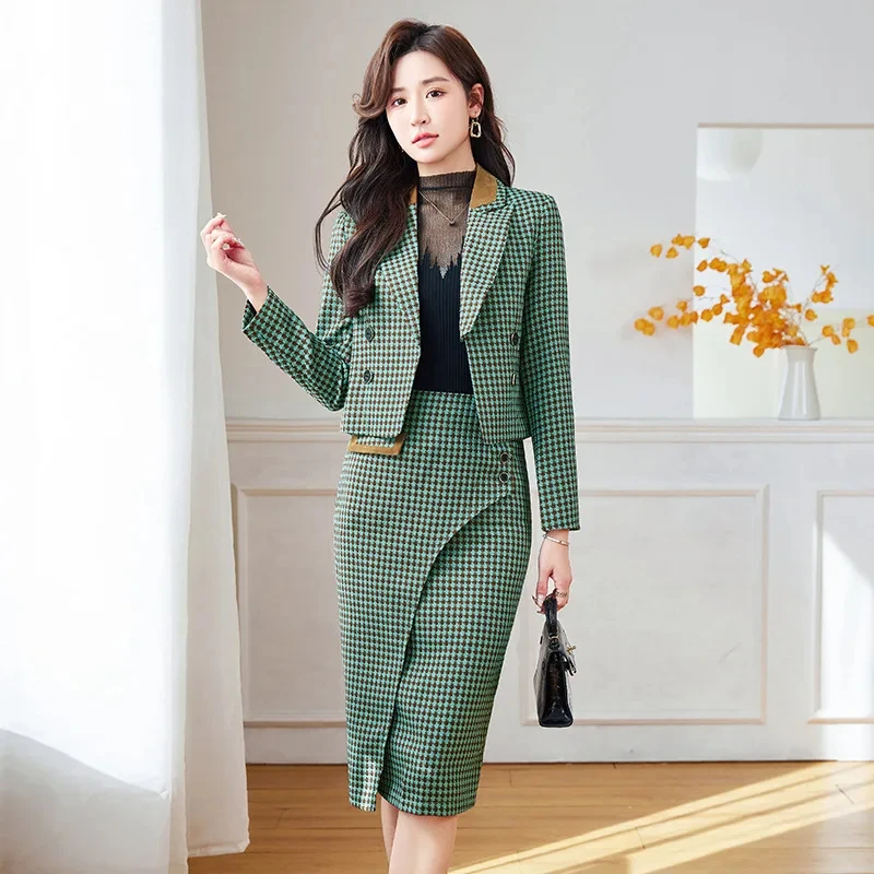 Office Plaid Outfits Blazer And Skirt For Women Green Black Double Breasted Fashion 2 Piece Set Business Elegant Lady Skirt Suit