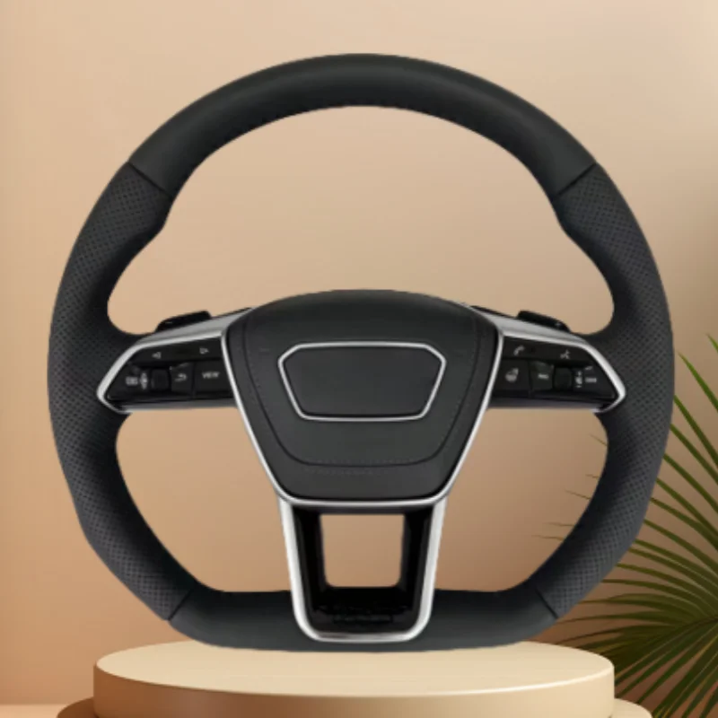 Car Steering Wheel Black Leather For Audi Q5L Q7 Q8 A6 A6L A7 A7L C8 With Paddle Shifters Flat Bottom Automotive Accessories