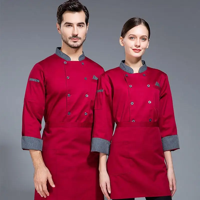 Men Red Chef Coat Logo Long Sleeve Chef Jacket for Summer Apron Head Chef Uniform Restaurant Hotel Kitchen Cooking Clothes