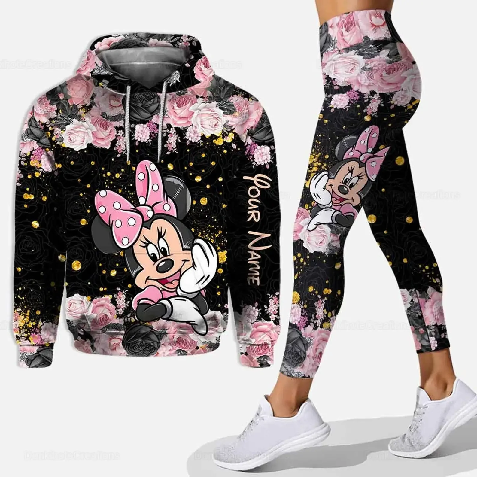 Dostosowany zestaw bluz i legginsów z kapturem i legginsami Minnie 3D dla kobiet, spodnie do jogi Disney, modna codzienna odzież sportowa