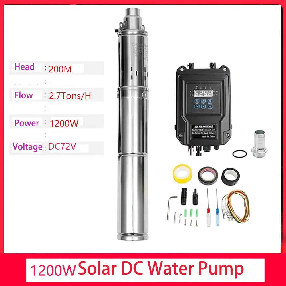 1200W DC72V Deep Well Solar Submersible Pump Irrigation Pump for Head 200M Flow rate 2.7m³/Hour water pump for Solar Well