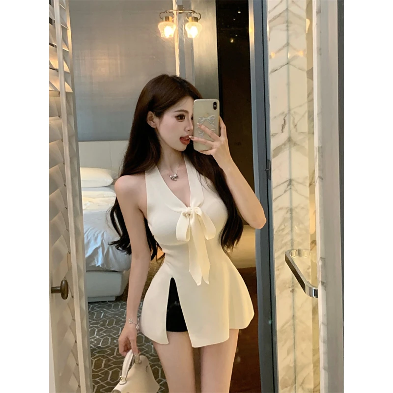 

Blue V-Ne Knot ter Vest Women's Summer Outerwear Slim Fit Split Svel Top Faionable And Unique