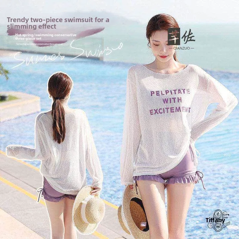 Women's Two-Piece Swimsuit Thermal Spring Swimming Costume Slimming Tummy Cover up Fitness Training Long Sleeve Single Shoulder