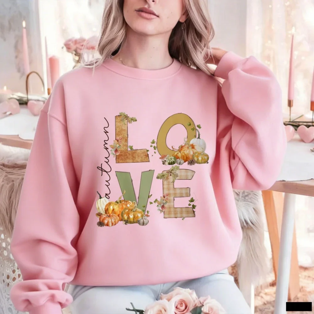 Women Cute Pink Love Autumn Sweatshirt Floral Pumpkin Plaid Graphic Pullover Cozy Women Winter Thanksgiving Top Retro Aesthetic