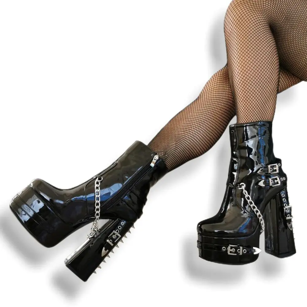 

Patent Black Leather Y2k Rivets Punk Gothic Style Short Boots For Women Thick High Heel Large Size 36-47 Women's Ankle Boot Girl