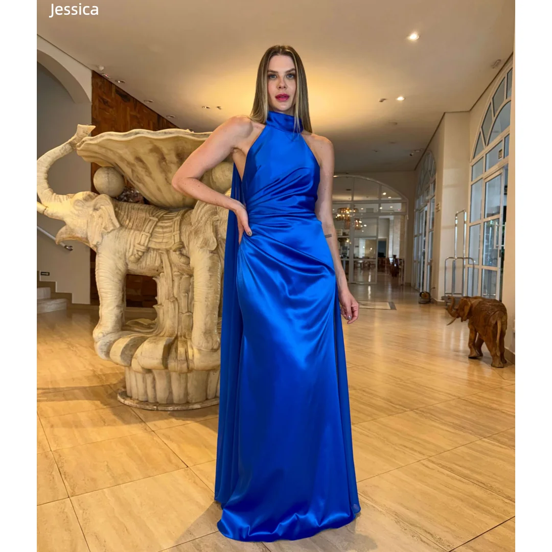 

Jessica Formal Occasions Evening Dresses Blue Halter Neck Prom Dresses Fitted Chiffon Shawl Women Party Dresses