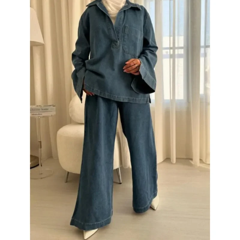 Women Vintage Casual Denim Suits V Neck Long Sleeve Top Blouses Elastic Straight Long Pants Fashion 2024 Autumn Street Wear Sets