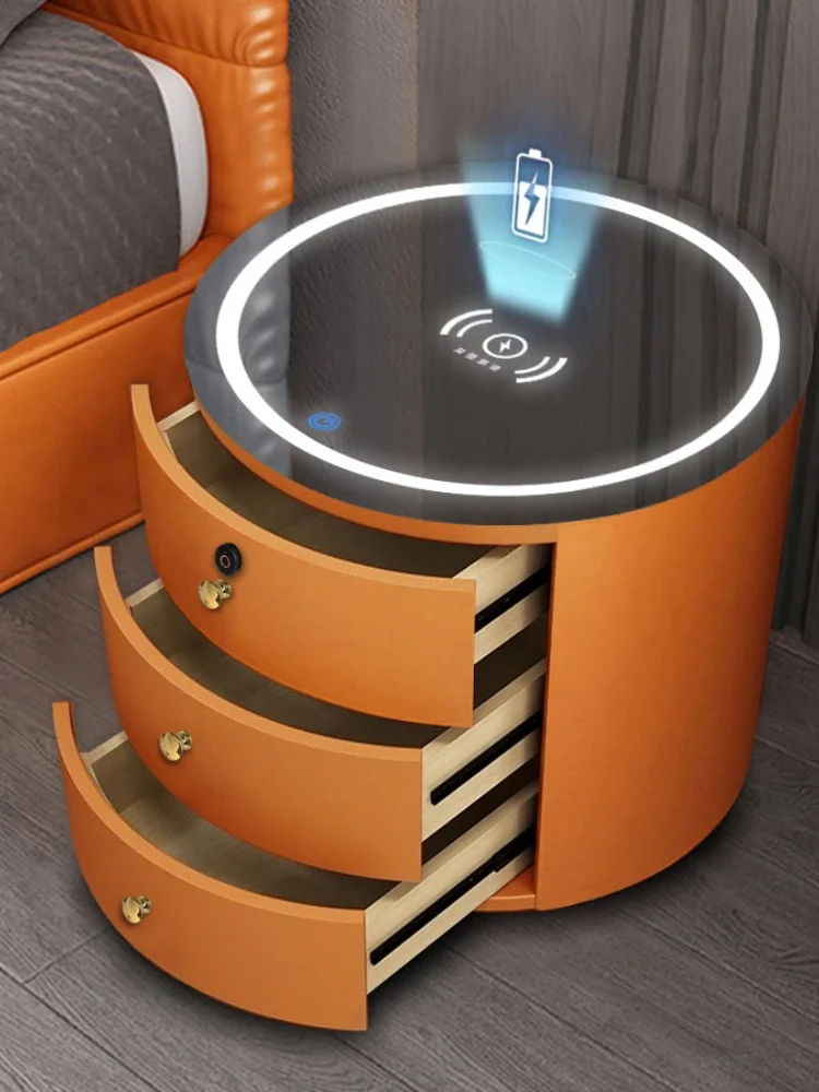 Round Bedside Table Intelligent Audio Password Fingerprint Lock Wireless Charging  Leather Wood Cabinet Nightstands for Bedroom