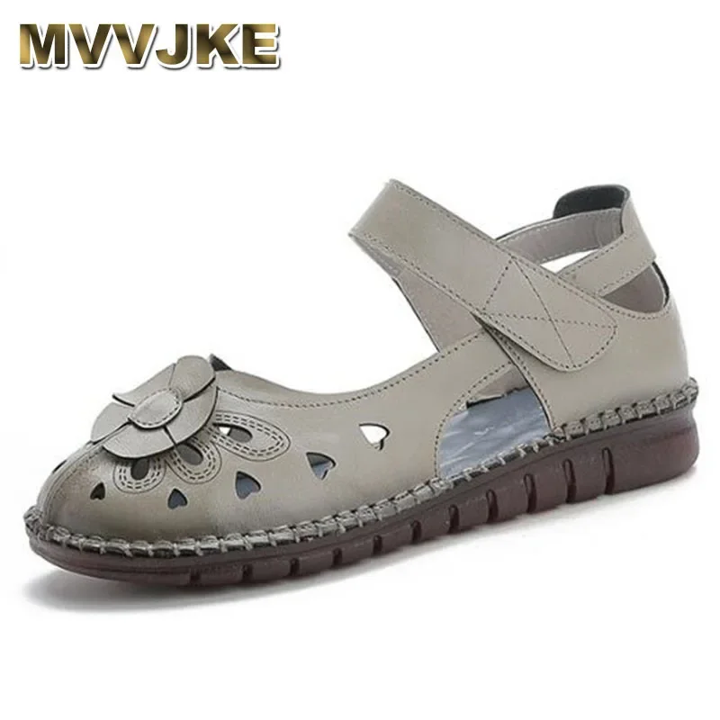 

MVVJKE New National Wind Summer Women Sandals Handmade Flower Genuine Leather Sandals