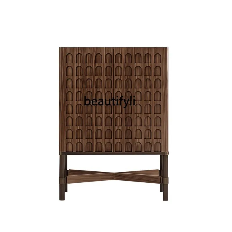 Retro art dining side cabinet high-grade walnut pure solid wood vertical cabinet light luxury high-end relief locker